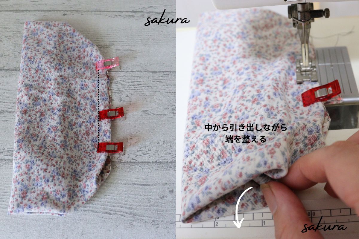 ターバンの端をミシンで縫い合わせている工程