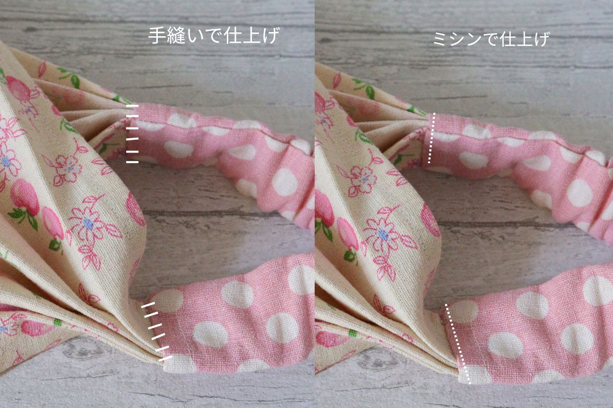 ターバンのゴム部分の仕上げ方。ミシンでも手縫いでも仕上げられる例。